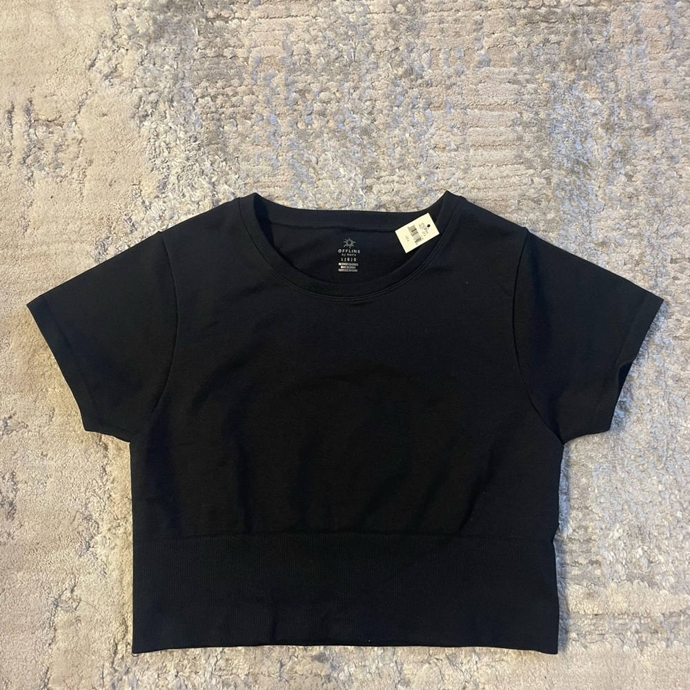 Aerie Offline Black Short Sleeve Workout Crop Top Size L